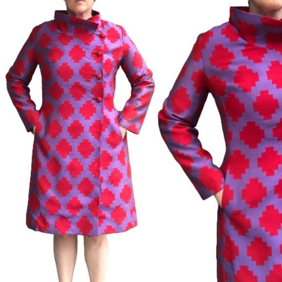 Vtg 50s/60s Silk Geometric Print Funnel Neck Topper Jacket Coat Dress Lou-Ette - Picture 8 of 15